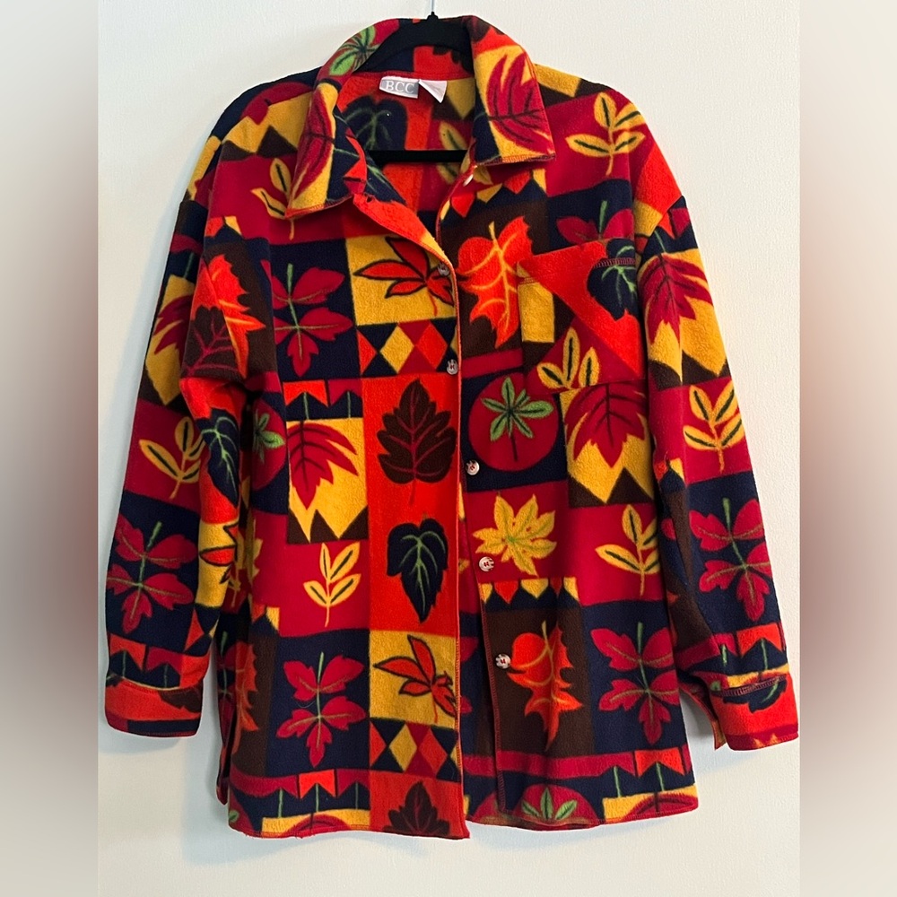 Colorful Leaf Pattern Fleece Button Down - image 1